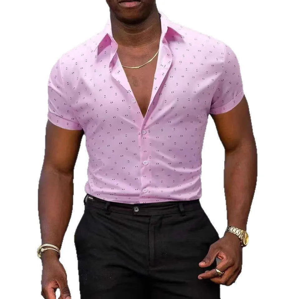 Men's light blue floral print short-sleeved shirt with stretch fabric on a hanger.