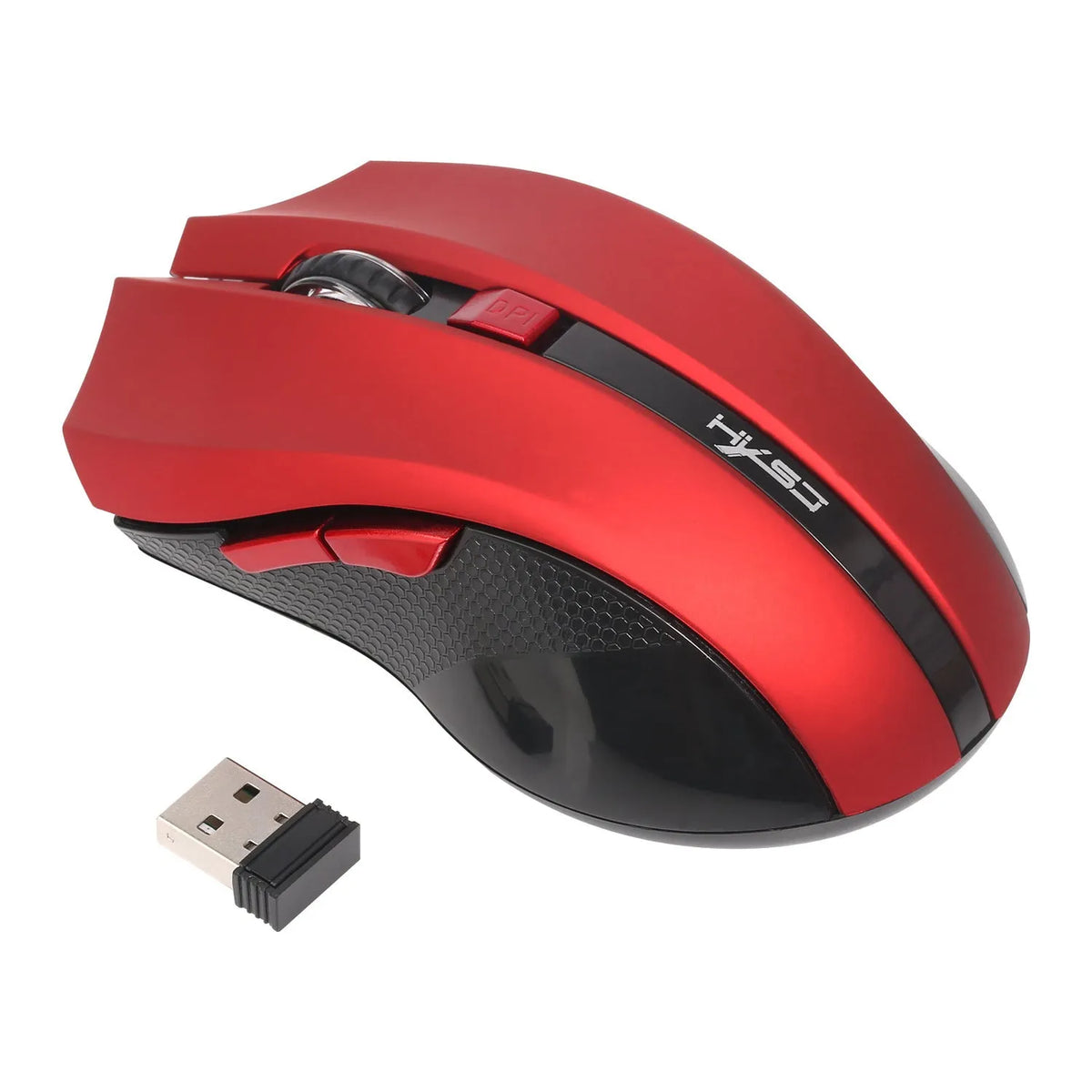 Black wireless optical mouse with 2400 DPI ergonomic design and four-way wheel for laptop or office use