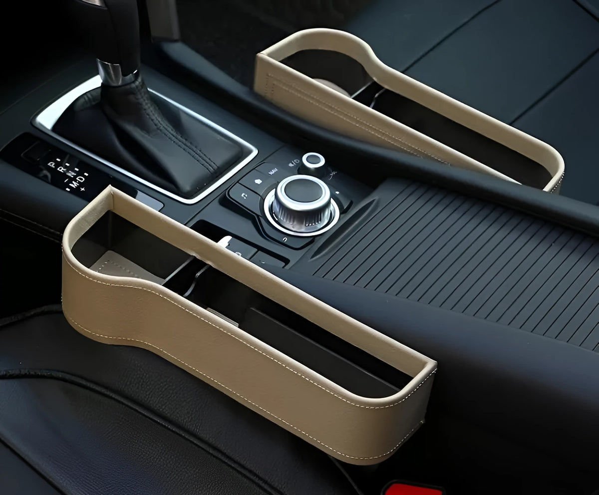 Car storage box in leather and plastic, shown in beige, black, brown, or red with left, right, or one pair options