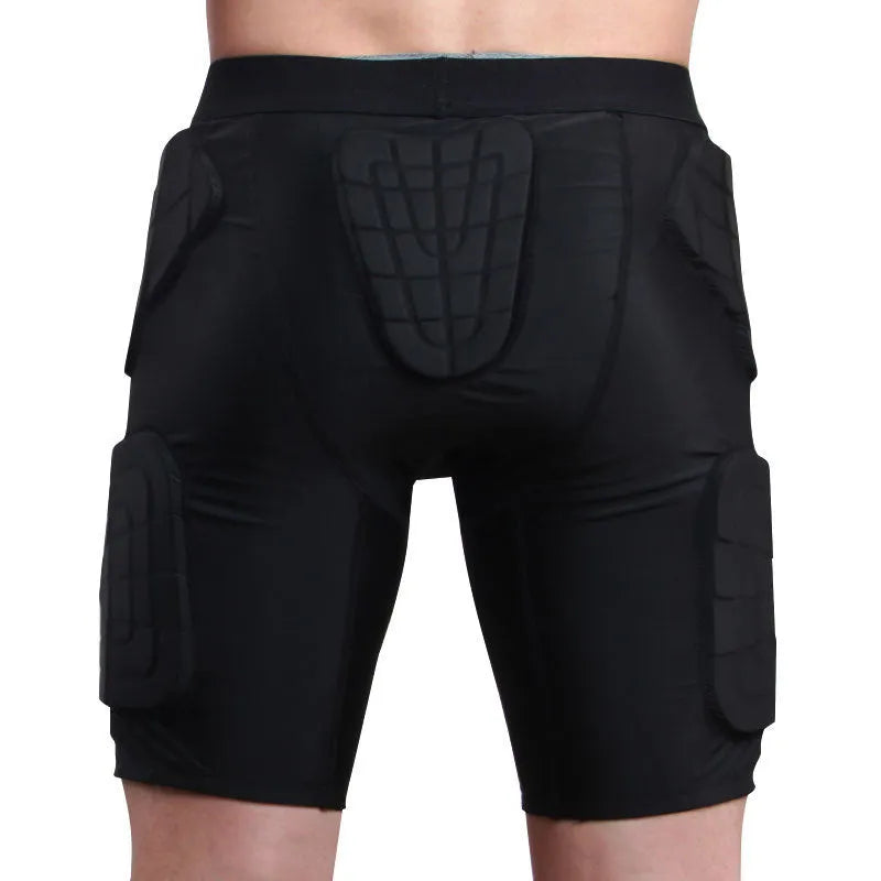 Black anti-collision sports pants for basketball and rugby, adult sizes M to 2XL, polyester spandex blend, waist protection.
