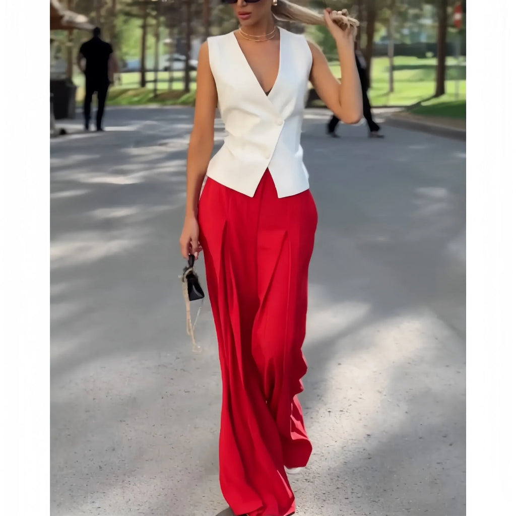 Women's beige deep V-neck sleeveless top and high-waist wide-leg trousers two-piece set