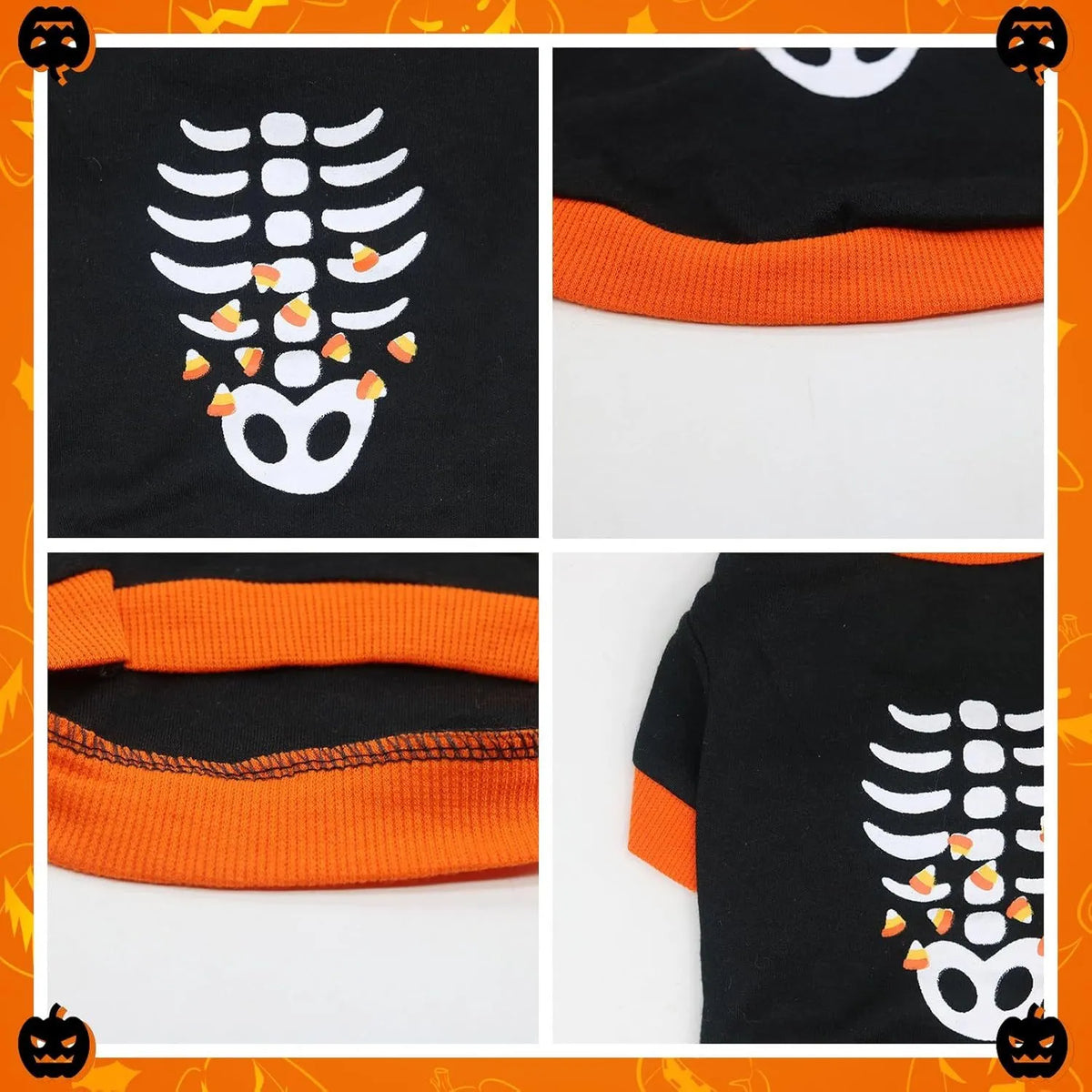 Halloween pet sweatshirt in orange and white cotton with skeleton pattern, ribbed collar and cuffs, sizes XS to XL.