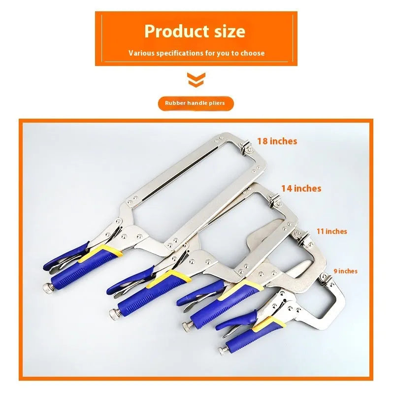C-type alloy steel vise grip clamp with large opening and screw mechanism on a black background