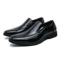 Men's black patent leather casual shoes with pointed toe design and rubber sole