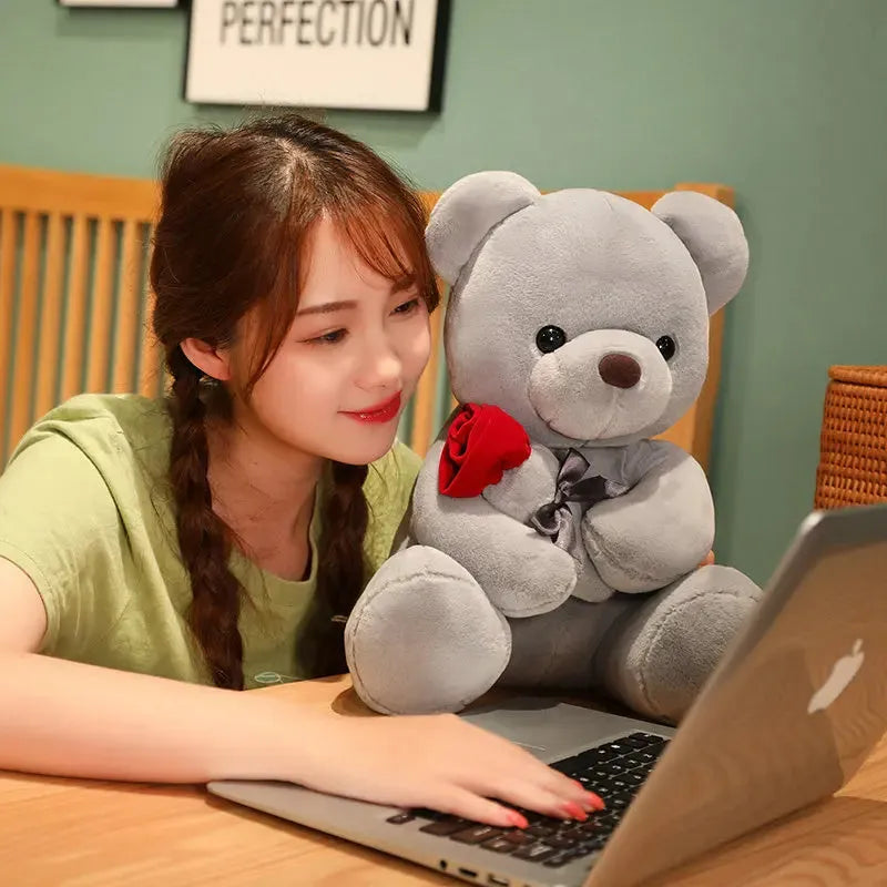 Rose bear plush teddy bear pillow in soft short plush fabric with PP cotton filling