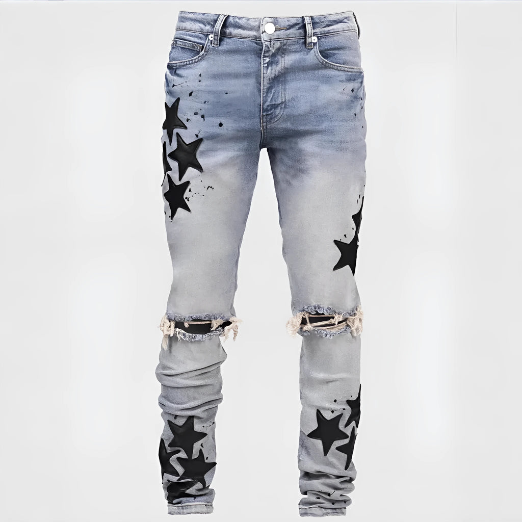 Men's slim fit stretch jeans in gray, blue or light blue with embroidered detail, mid waist and tight leg