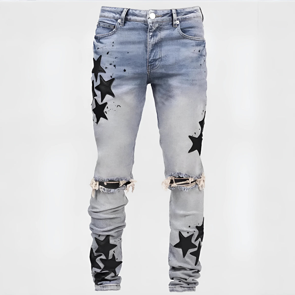 Men's slim fit stretch jeans in gray, blue or light blue with embroidered detail, mid waist and tight leg