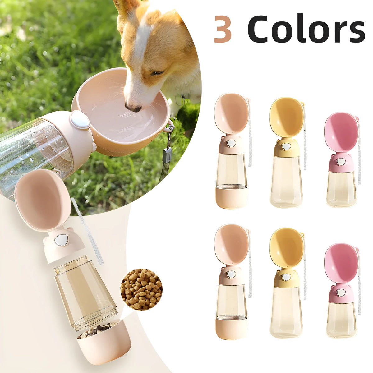 Portable dog water bottle and food container in yellow, pink, or brown colours for outdoor travel.