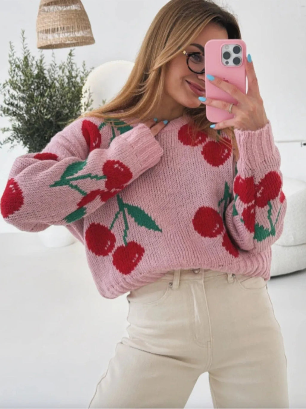 Pink cherry jacquard loose fit long sleeve knitwear, polyester, sizes S to XL