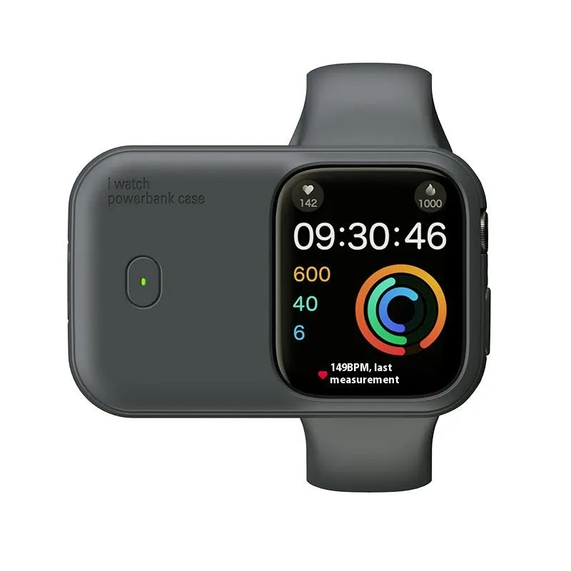 Portable Apple Watch charging case power bank with silicone sleeve in brown, blue, and starlight colours
