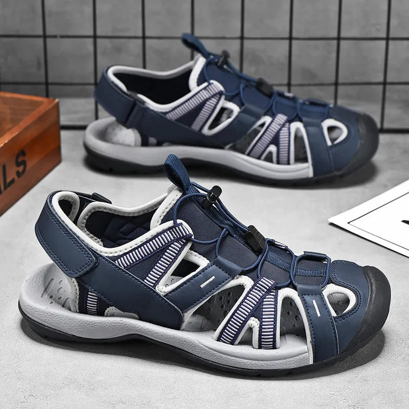 Men's blue casual sports shoe with mesh upper and Velcro strap on a rubber sole.