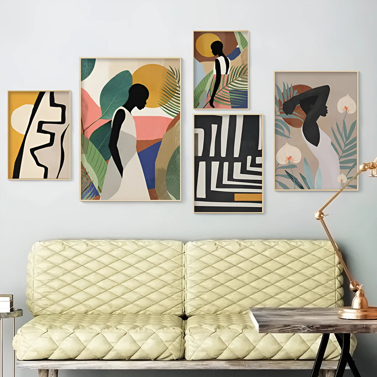 Abstract African women flower leaf mural canvas painting, frameless rectangular oil on canvas wall art
