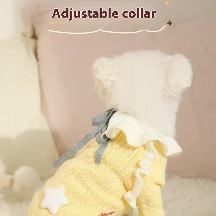 Yellow autumn dog sweater on small pet showing XINGX and fairy dress style options with size chart