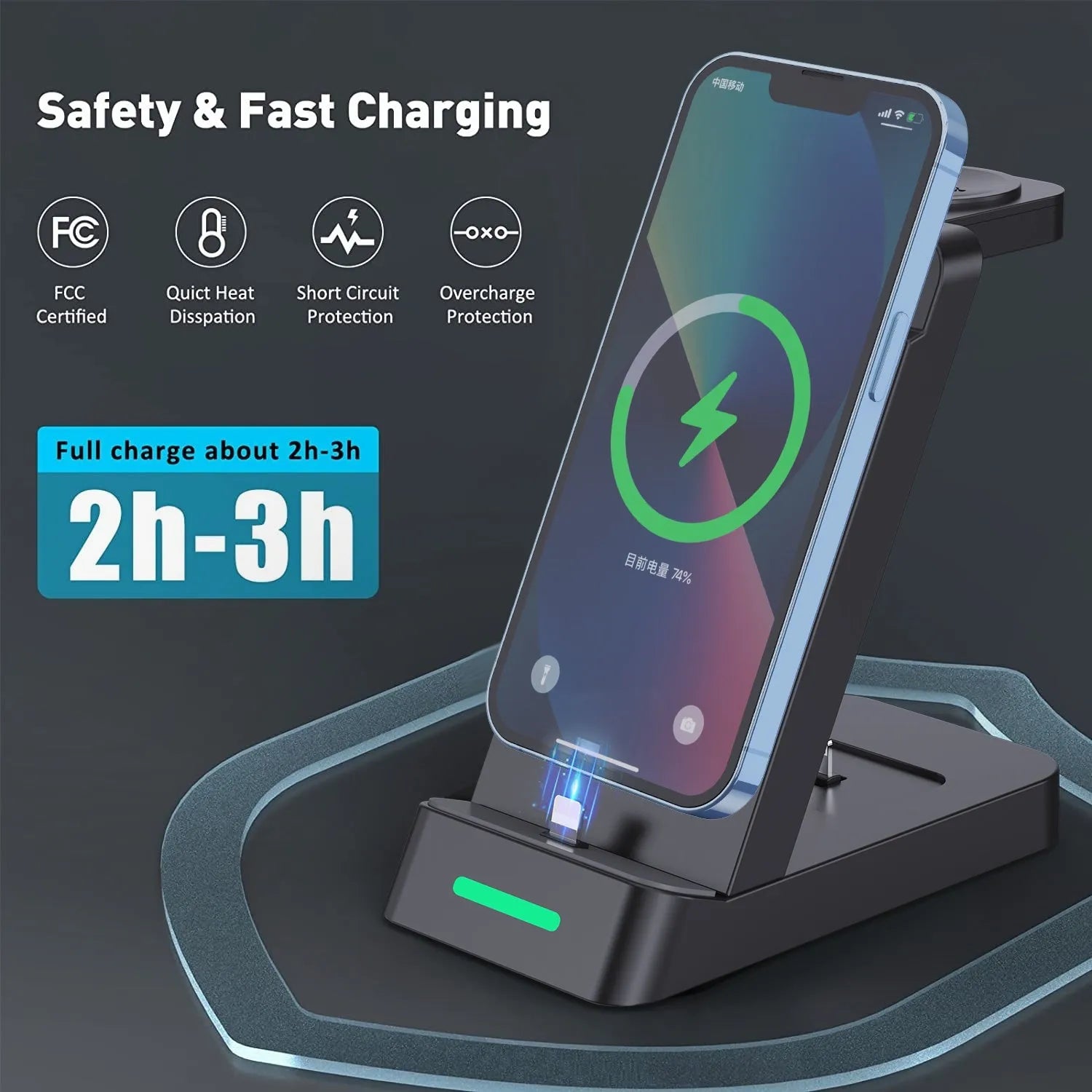 Black and white 3-in-1 wireless charging station showing phone in stand mode, with spaces for AirPods and Apple Watch.