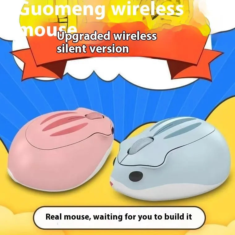 Hamster wireless Bluetooth mute mouse in grey, pink, or yellow colour on a desk.