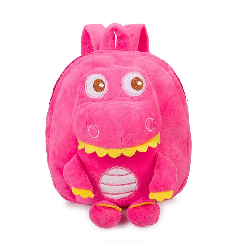 Blue dinosaur plush backpack for children with embroidery detail and soft handle