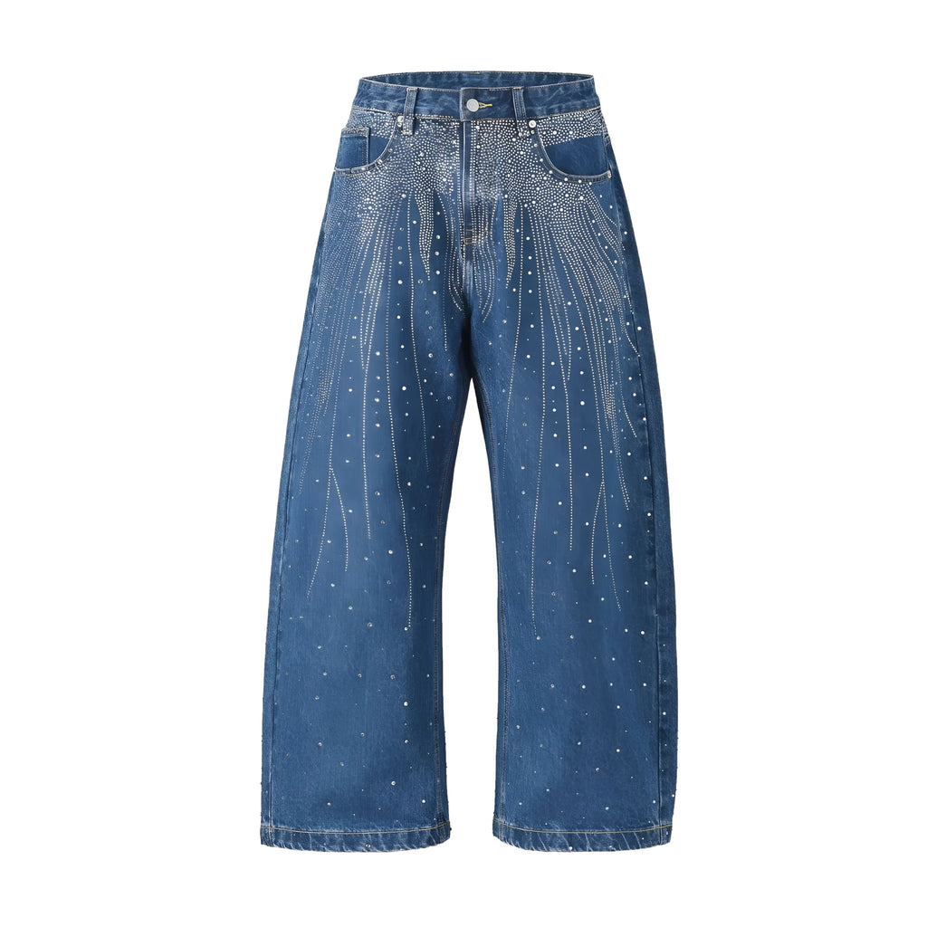 Loose-fitting wide-leg cotton trousers in blue and black colours with high street styling