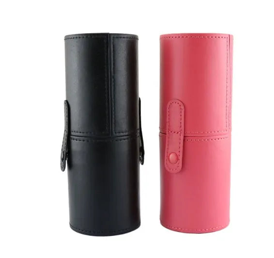 12-piece makeup brush set in PU cylinder tube with wool horse hair fibre heads, wooden handles, black and pink options