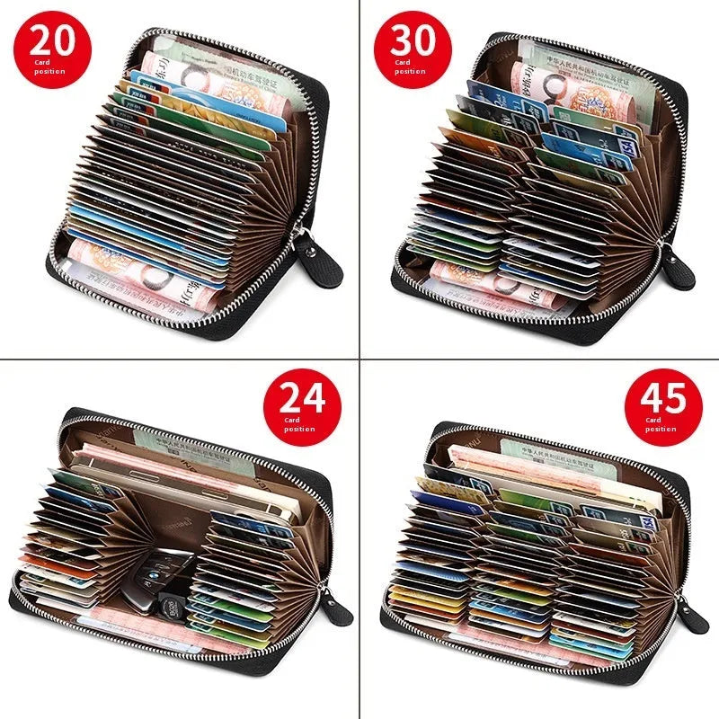 Genuine Leather Card Holder Female Cowhide Card Wallet Urban Simplicity 12 to 45 Slots Black Burgundy Pink Light Blue Dark Blue Daily Matching Card Organiser