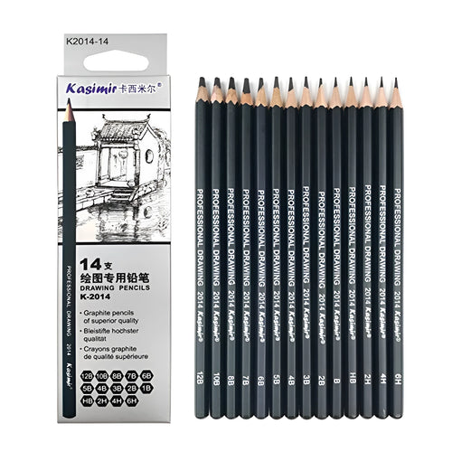 Boxed set of fourteen black sketching pencils ranging from 6H to 12B, each 18 cm long