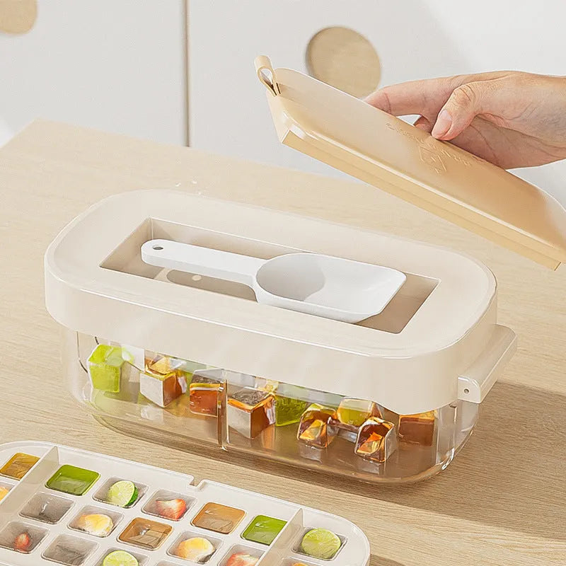 Food grade plastic ice cube tray grid in assorted colours with built-in storage for an ice shovel