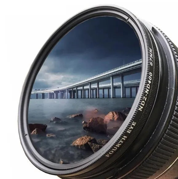 Variable neutral density camera lens filter with multi-diameter thread sizes from 37mm to 95mm for ND2-ND400 light control.