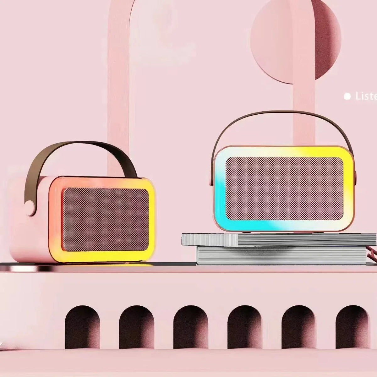 Portable Bluetooth karaoke microphone speaker with coloured LED lights in pink, sky blue or white colour options