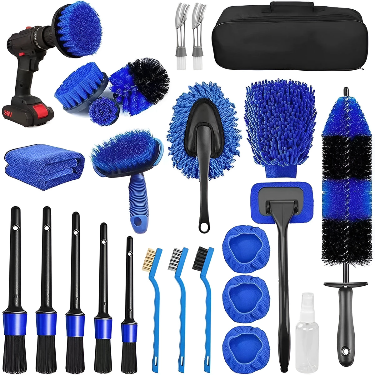 26-piece car wash brush set with tyre brush for automotive cleaning