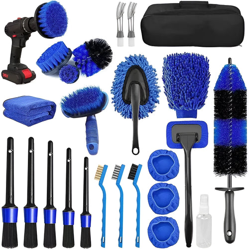 26-piece car wash brush set with tyre brush for automotive cleaning