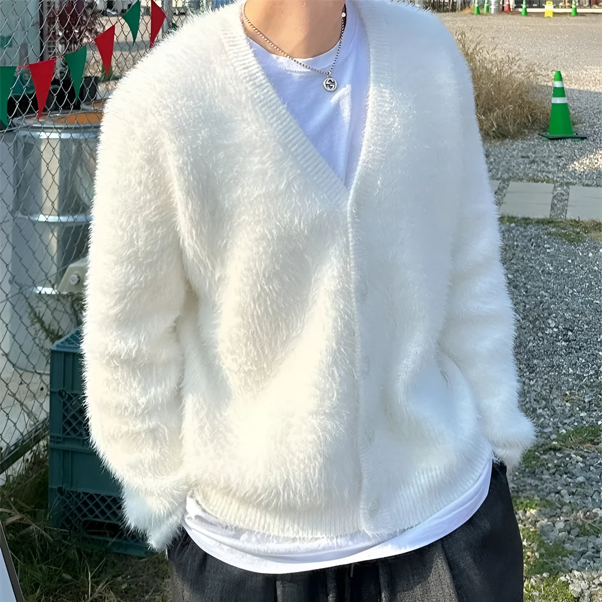 Mohair American retro V-neck sweater coat, loose pullover in white or black, sizes M to XXL