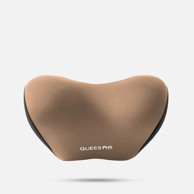 Black grey memory foam automotive lumbar support pillow and headrest on a car seat.