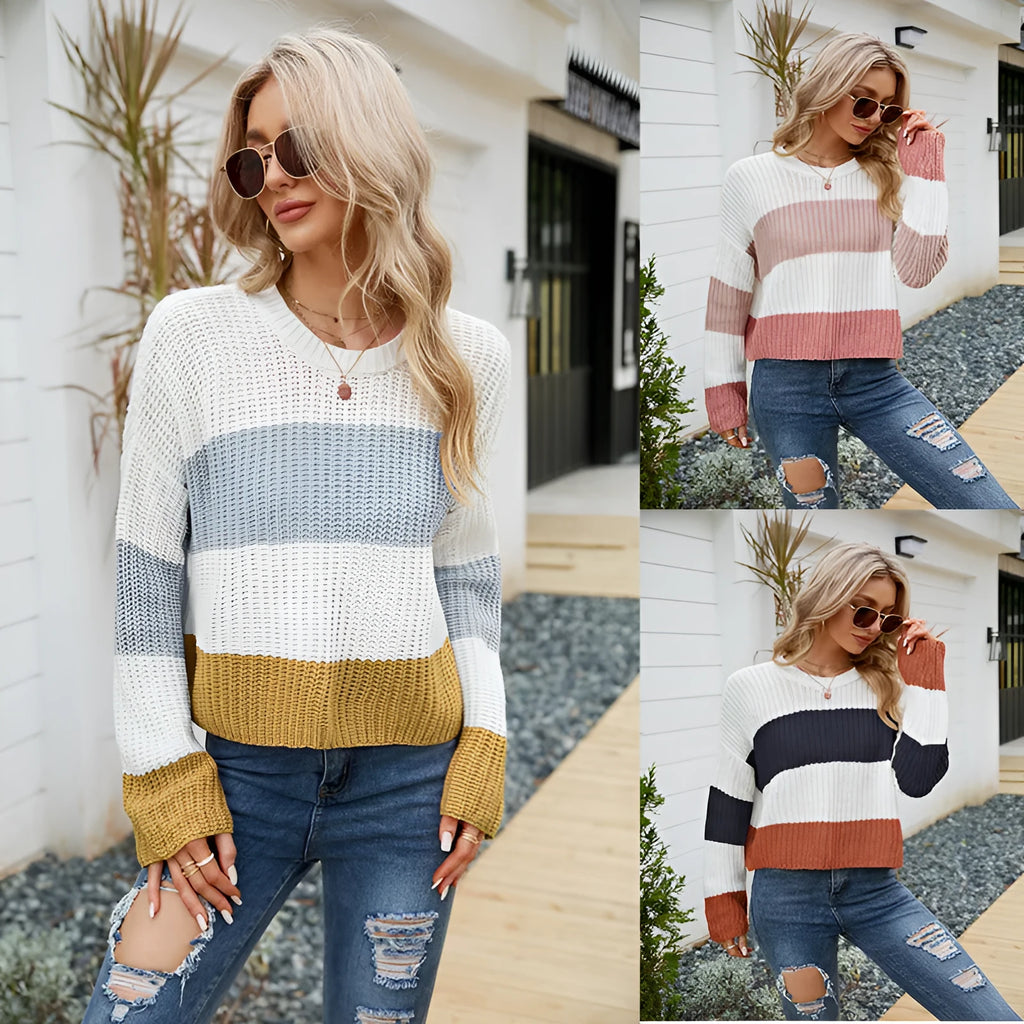 Women's short striped acrylic pullover with loose fit and regular sleeves in pink, dark blue, or yellow stripe options