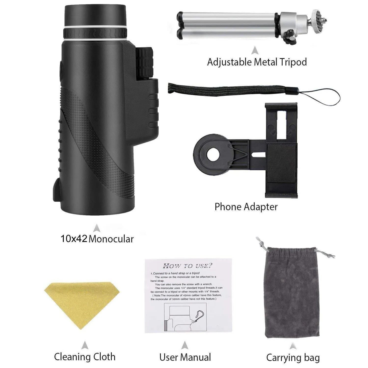 Black 40x60 monocular telescope with compact 144mm design and fully coated FMC lens