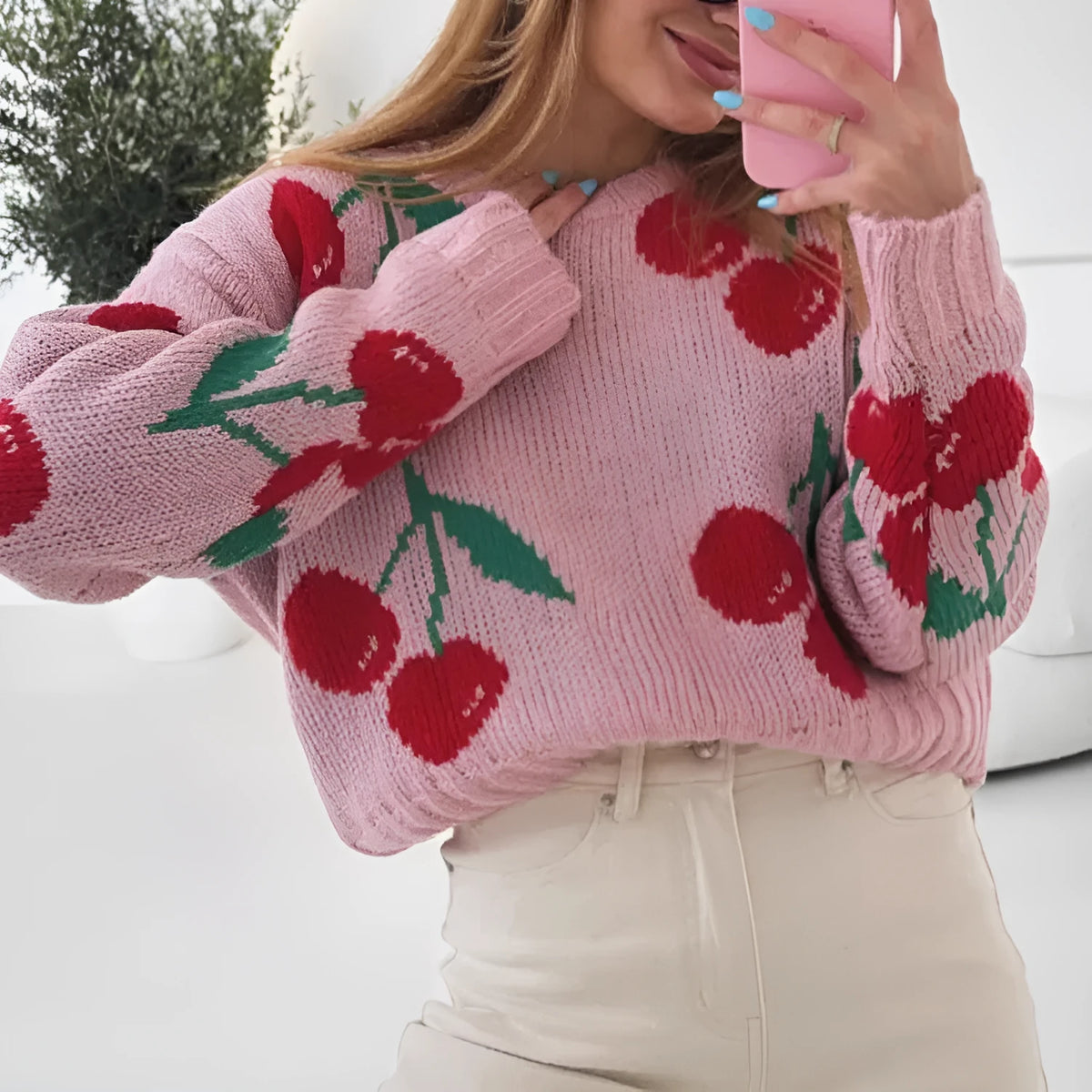 Pink cherry jacquard loose fit long sleeve knitwear, polyester, sizes S to XL