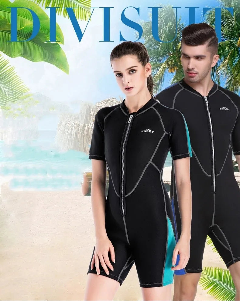 2mm neoprene wetsuit men women short sleeve one-piece back zip Navy Blue Sky Blue