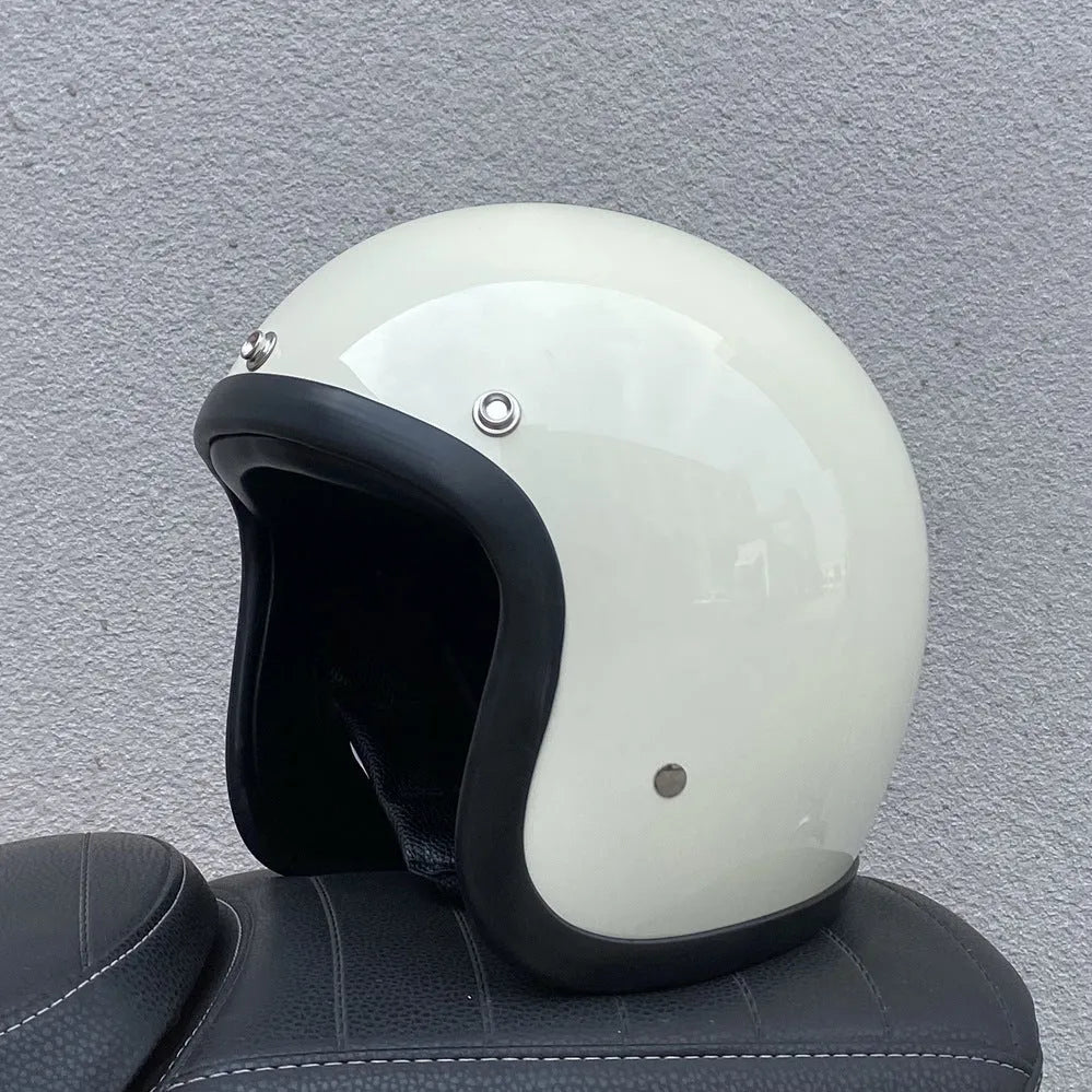 Retro-style glass fibre motorcycle half helmet shown in multiple colour options for adult commuters