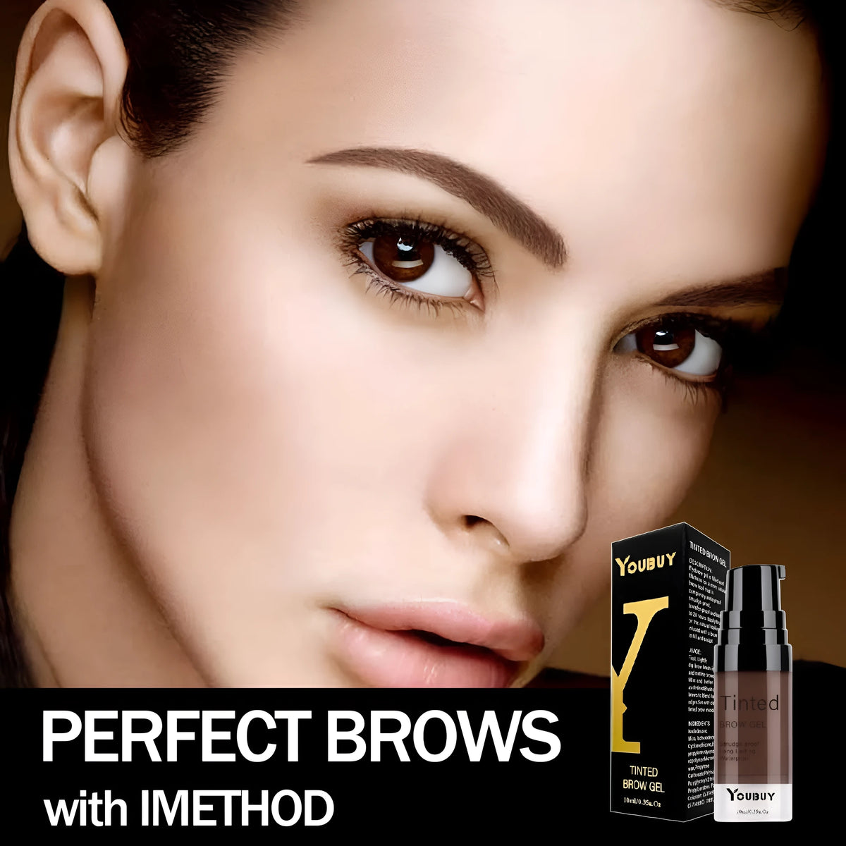 Waterproof brow cream tube with applicator in dark grey or golden yellow for eyebrow definition