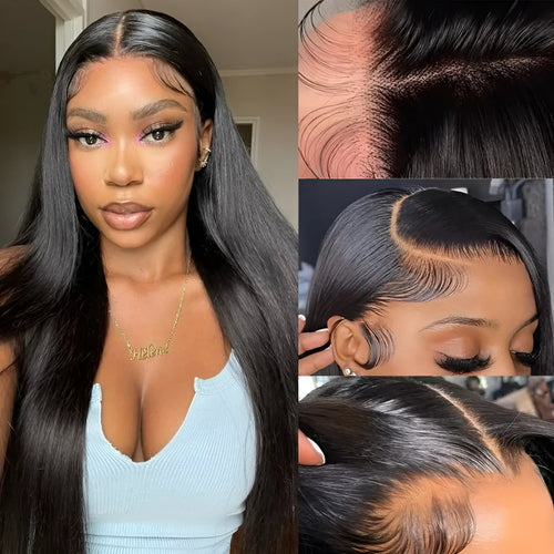 A black 13x6 straight lace front human hair wig displayed on a mannequin head, showing the natural hairline.