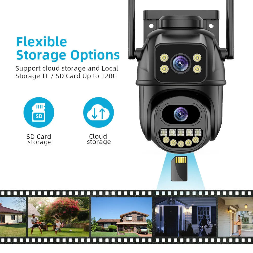 Black wireless surveillance camera with dual-channel humanoid tracking and hoistable bracket, 18.3 x 15.8 x 10.8 cm