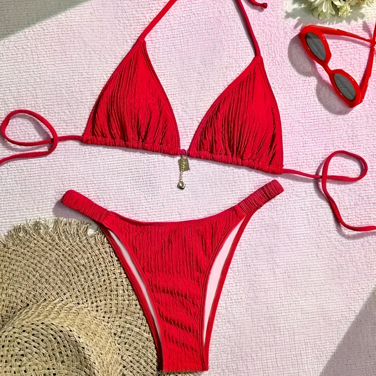 Red high waist pleated bikini set with tied split top and briefs, polyester nylon, sizes S to XL