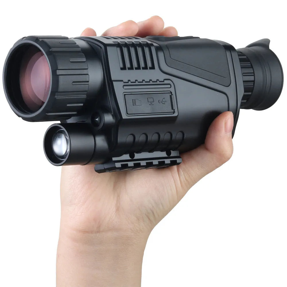 NV300 colour infrared digital night vision telescope with 40mm lens on a table with cables and storage bag.