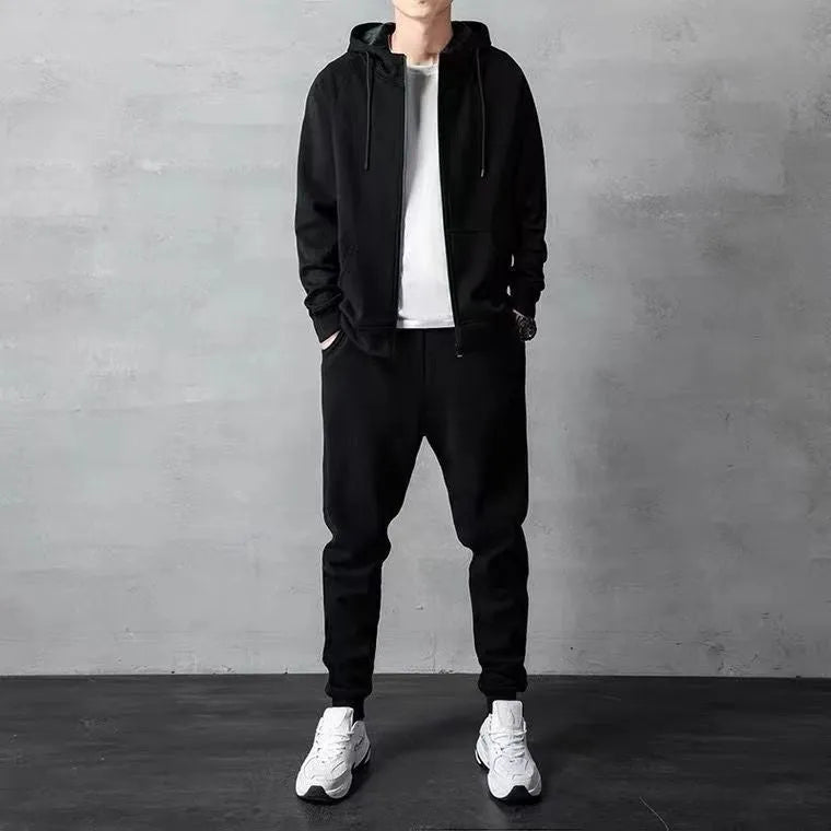Men's loose zip-up hoodie sweater set in cotton available in black and gray