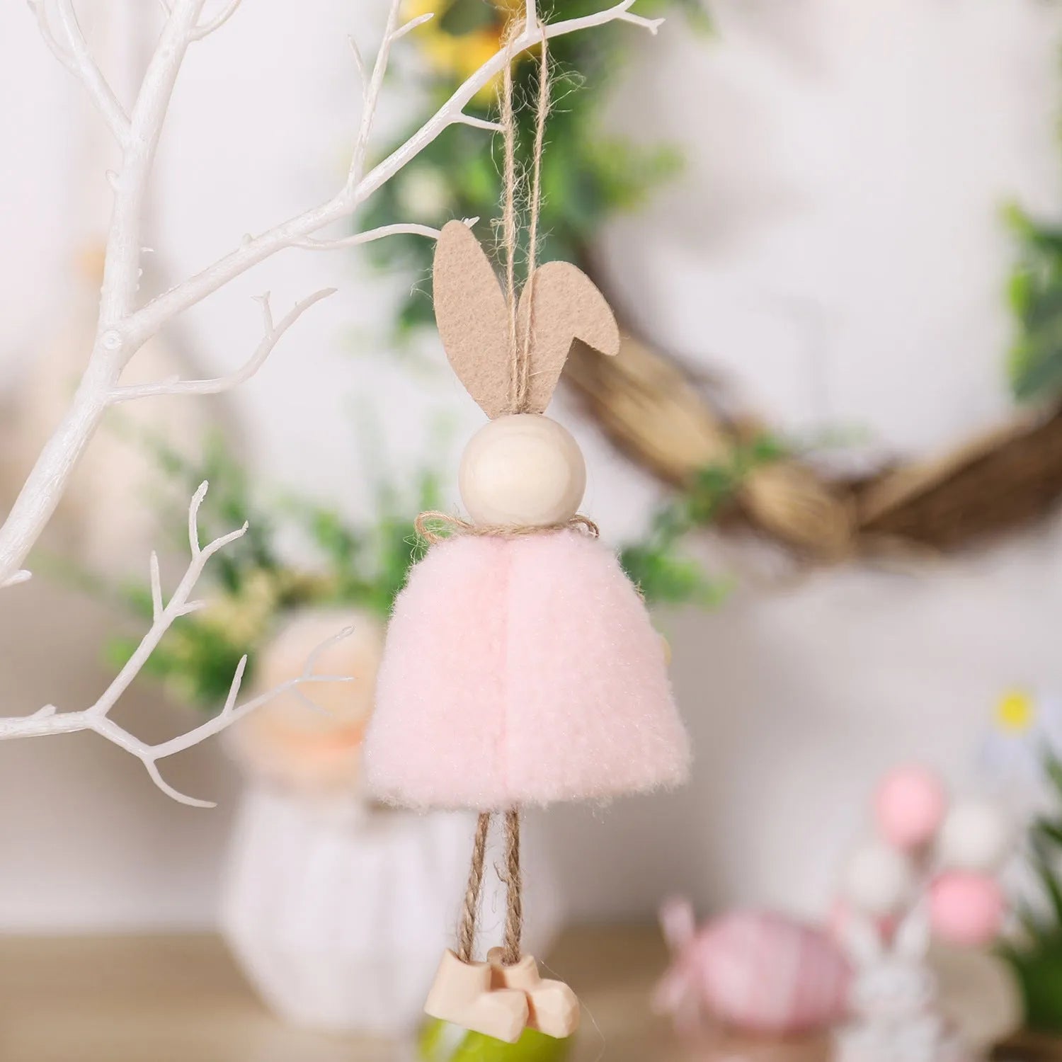 Easter cloth rabbit hanging decoration 18cm in four colour options on a white background
