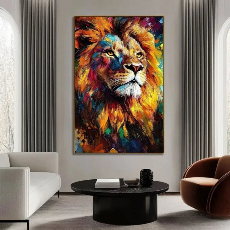 Hand painted colourful lion oil painting on canvas, modern abstract animal wall art, no frame, vertical orientation
