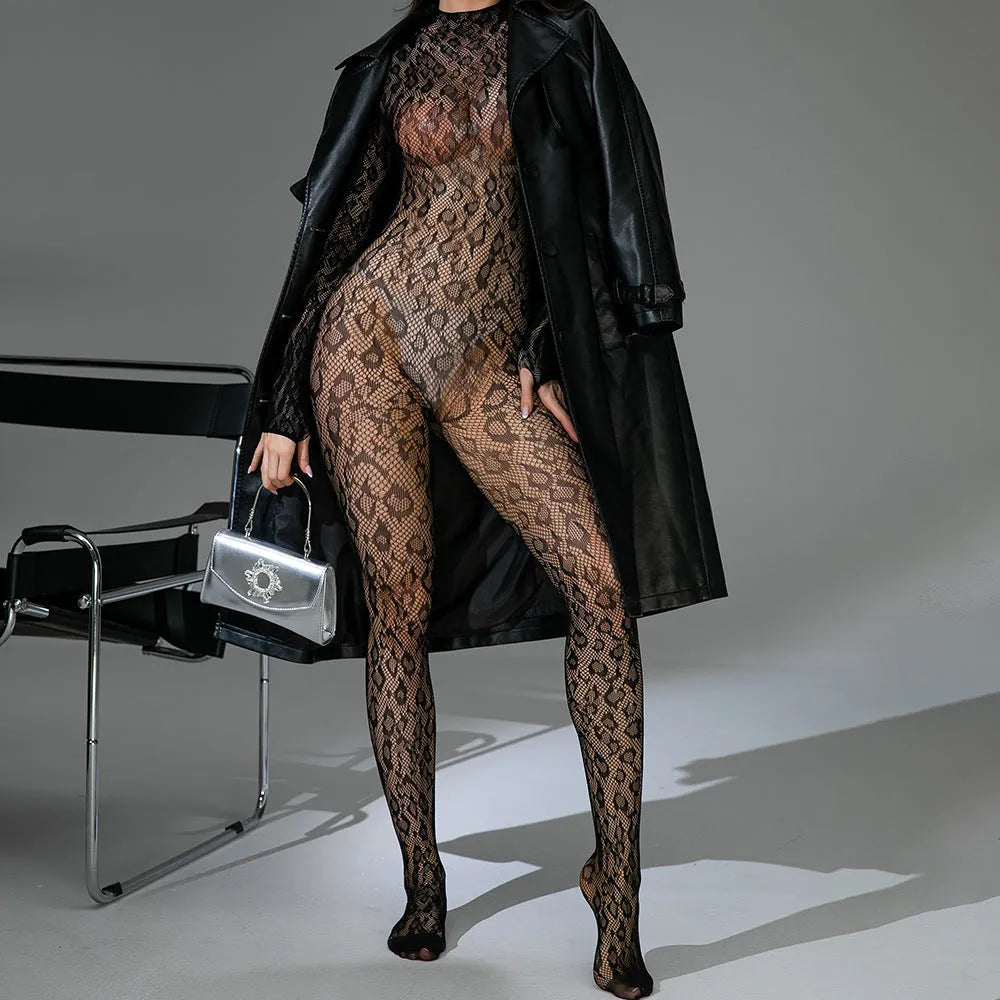 Women's black fishnet lingerie one-piece with long sleeves and backless design