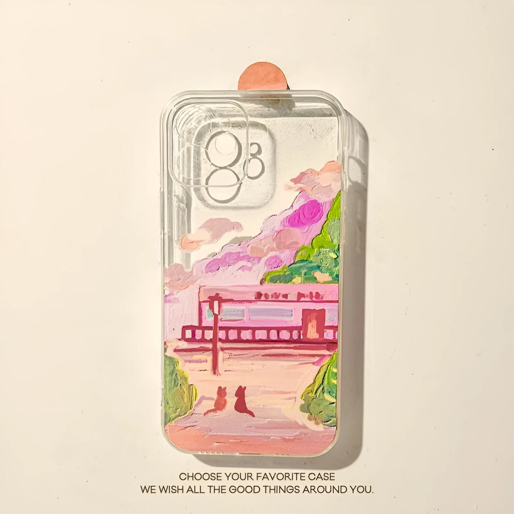 Soft silicone iPhone case with a colourful two cat cartoon design on the back.