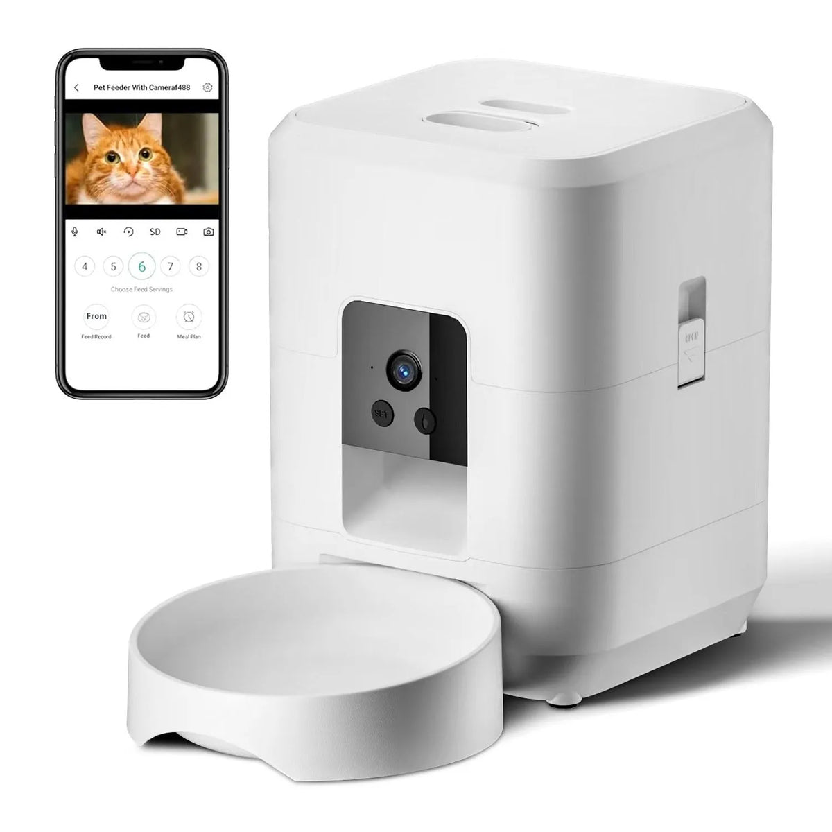 Automatic cat feeder with timer display and food container in white or black colour options