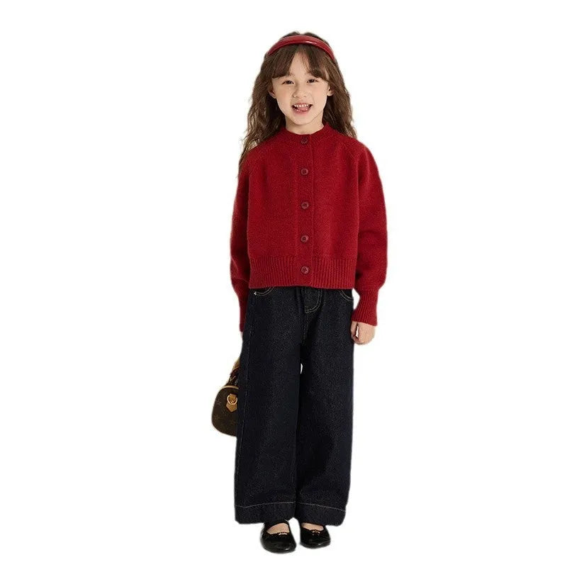 Girl's red knitted cardigan, Korean style, single-breasted, long sleeve, sizes 90cm to 160cm