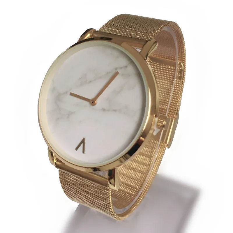Quartz watch with wire mesh stainless steel strap, 40mm dial, single folding buckle, available in gold, rose gold, black, silvery.