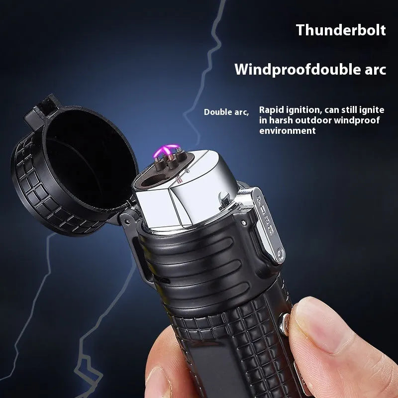 TH727 multi-function metal flashlight lighter in camouflage, red, black, blue, and yellow colours
